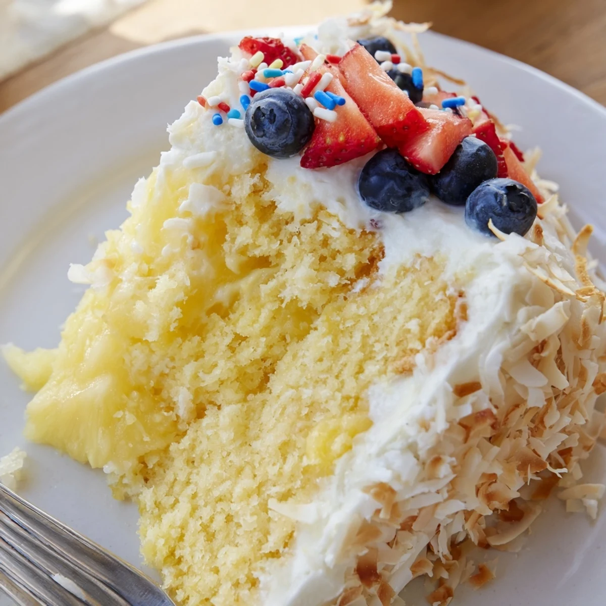 A slice of Pineapple Coconut God Bless America Cake with creamy frosting