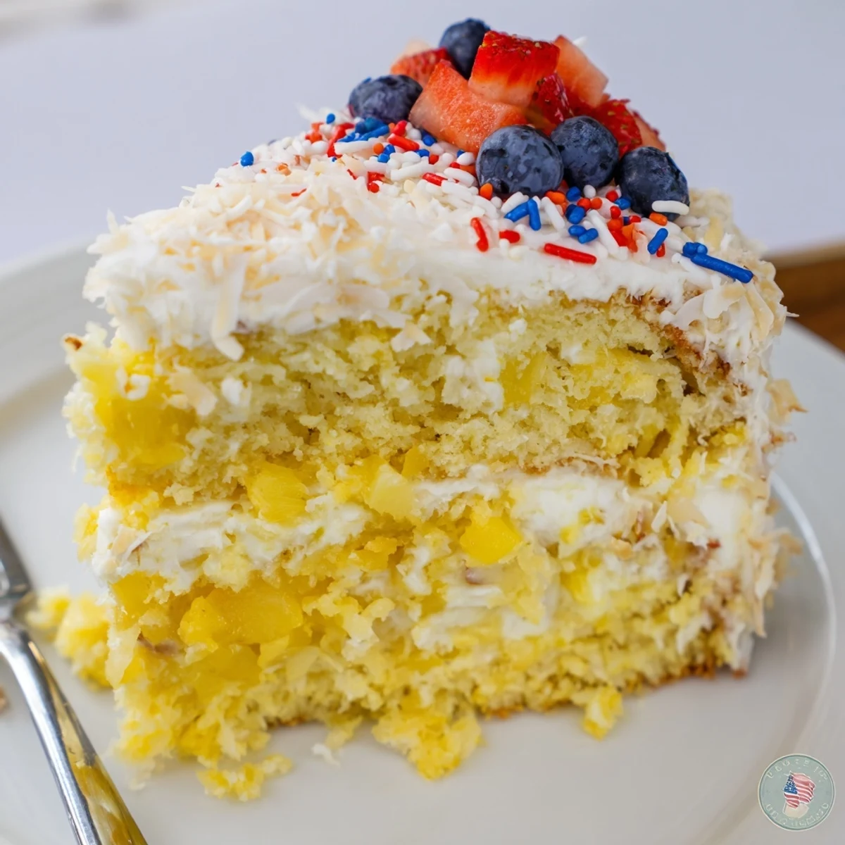 Festive Pineapple Coconut God Bless America Cake layered with pineapple filling, patriotic sprinkles