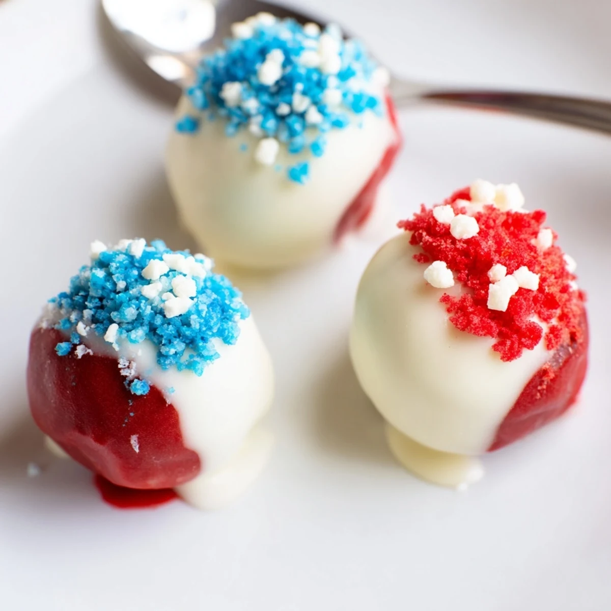 Close-up shows Of July Truffles Creamy And Patriotic, red-blue swirled, dusted sprinkles