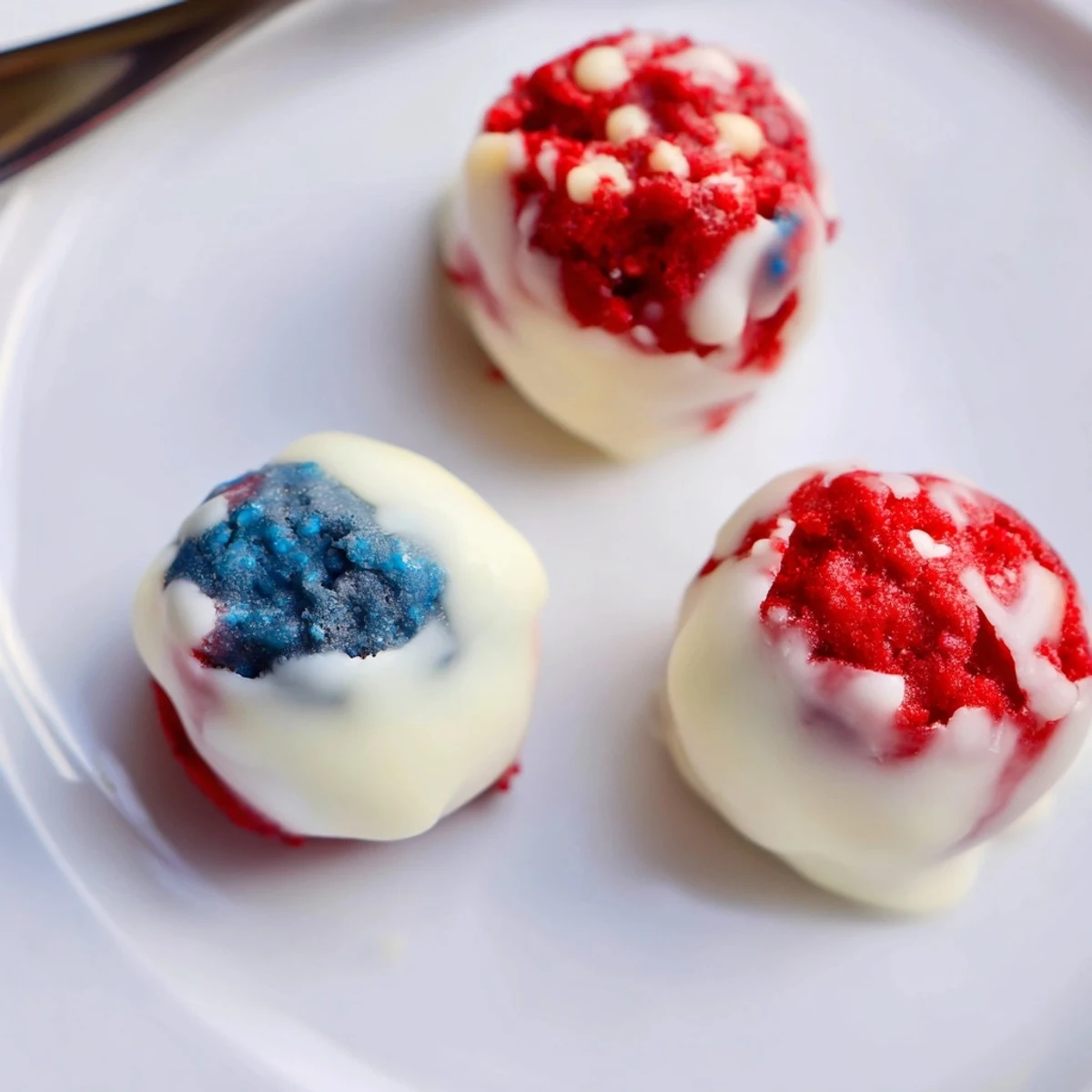 Serving tray of Of July Truffles Creamy And Patriotic, cool, vanilla-berry richness