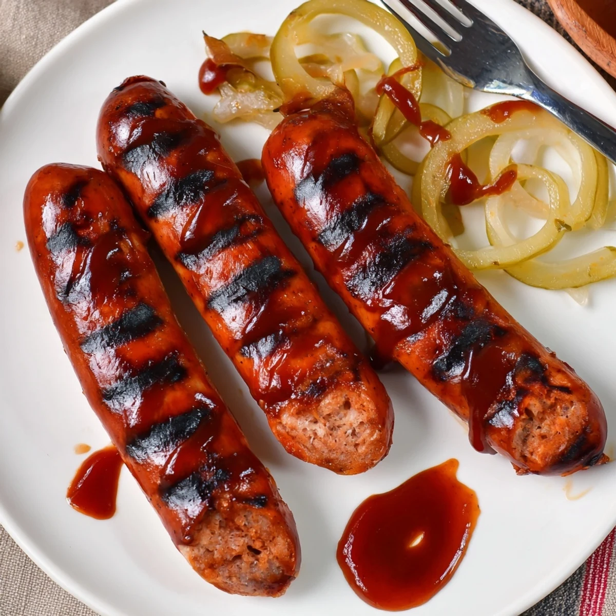 BBQ Sausage Recipe: glossy grilled links basted with tangy sauce, served with coleslaw