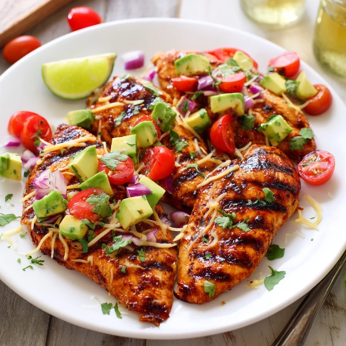 Grilled Fiesta Lime Chicken With Avocado topped with chunky tomato-cilantro salsa  