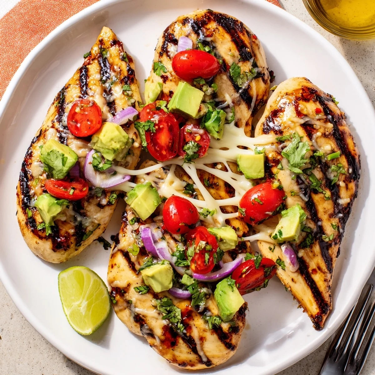 Citrus-marinated Fiesta Lime Chicken With Avocado sliced, juicy, ready for summer salads
