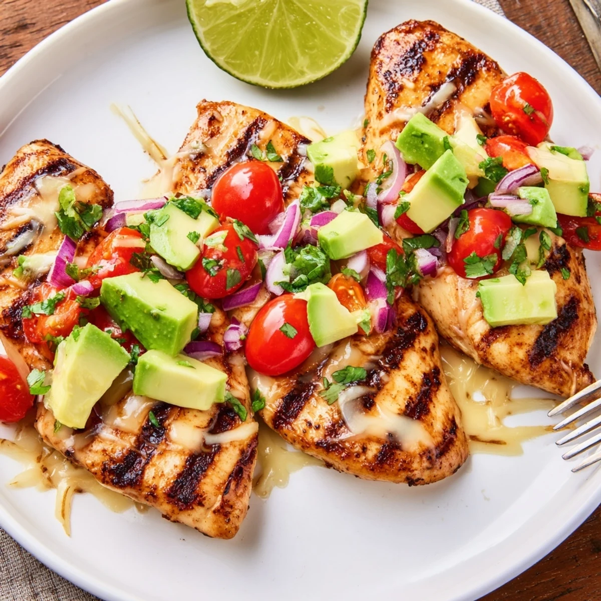 Zesty Fiesta Lime Chicken With Avocado resting on warm tortillas, lime wedge  