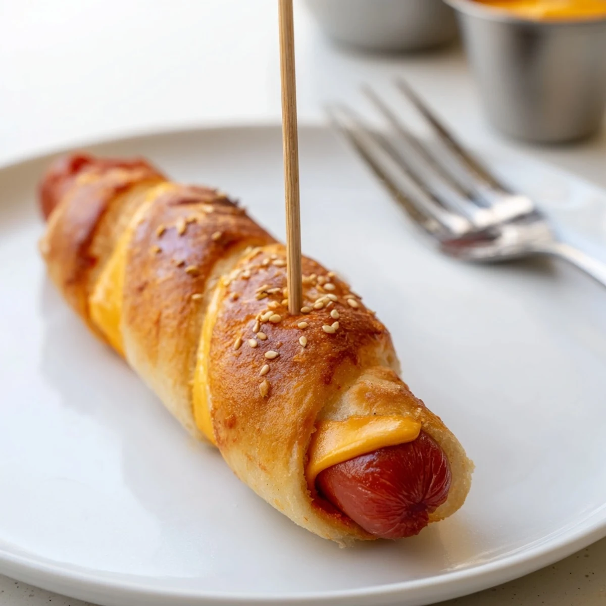 Firecracker Hot Dogs wrapped in golden crescent dough, brushed with butter, steaming.