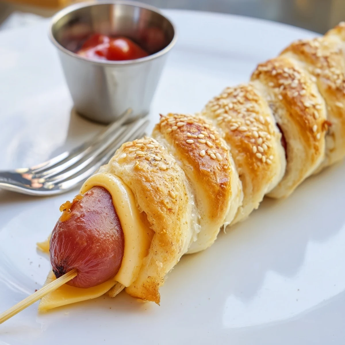 Skewered Firecracker Hot Dogs resting on parchment, speckled with sesame, ready to serve.