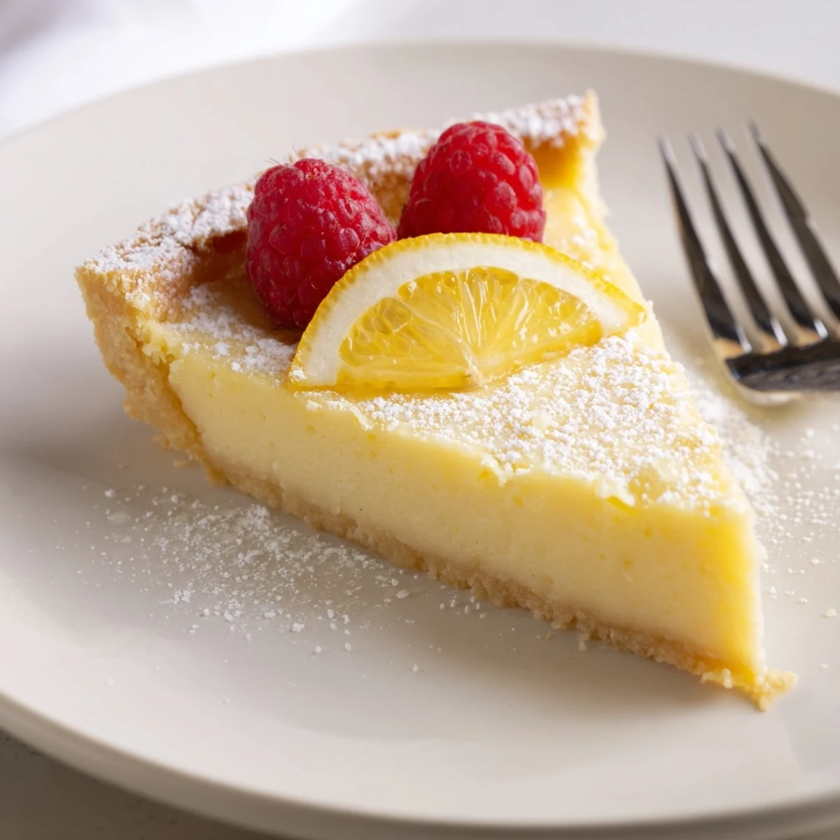Slice of Creamy Lemon Tart Recipe on chilled plate, powdered sugar dusting.