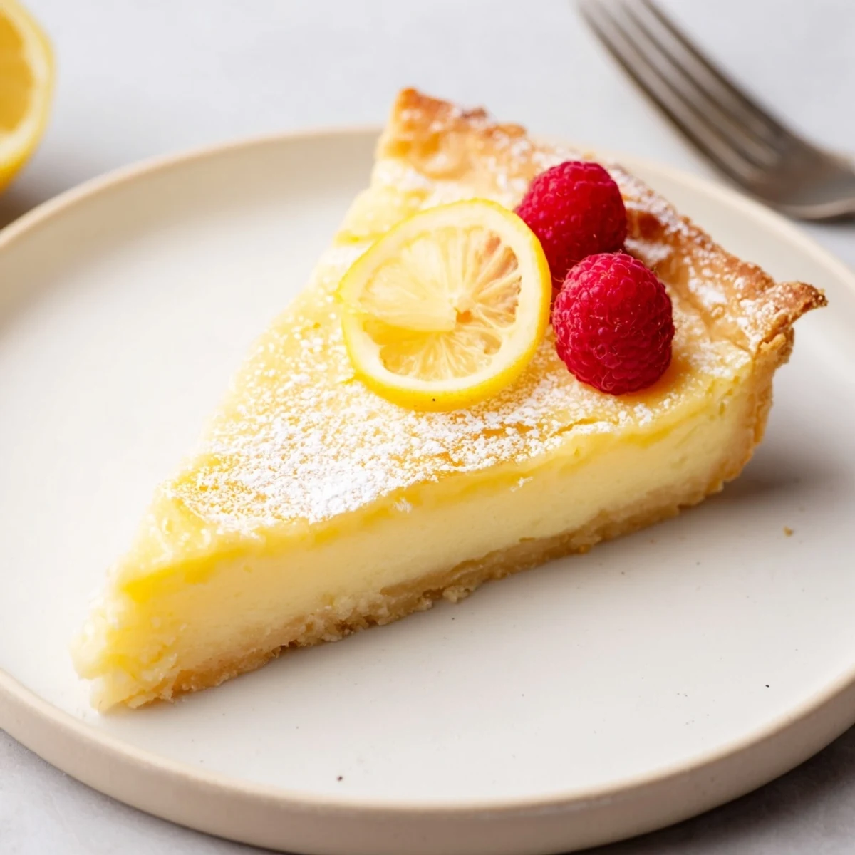 Fresh berries beside Creamy Lemon Tart Recipe, silky filling and crisp crust.