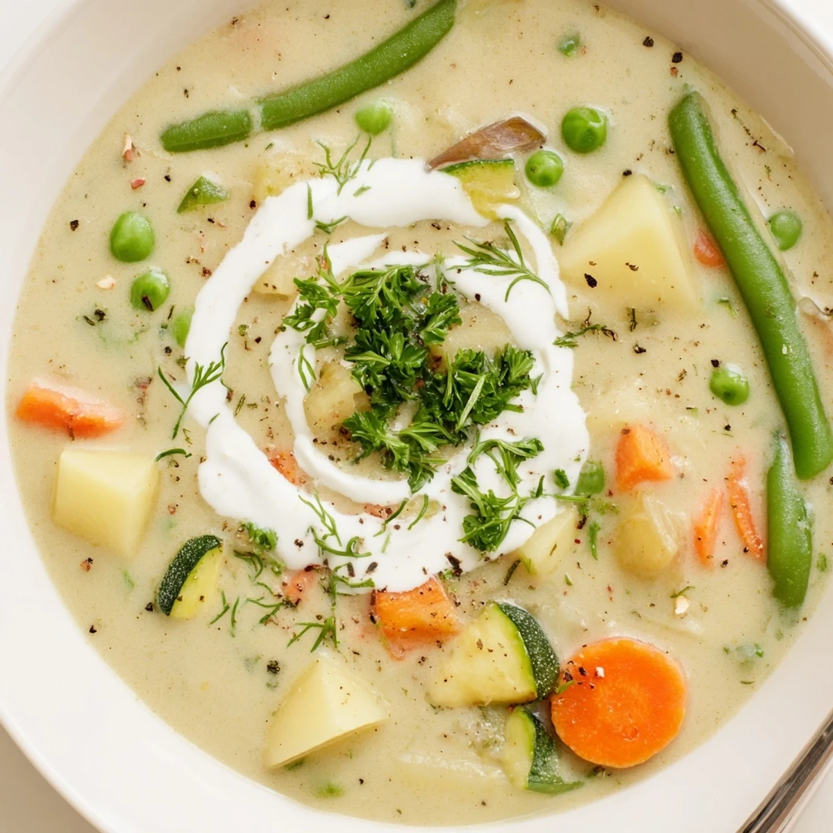Warm Creamy Vegetable Soup Recipe ladled into bowl, paired with crusty bread