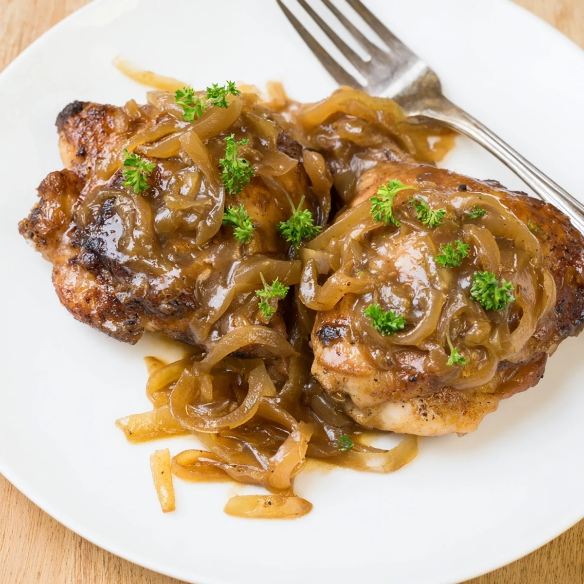 Savory Smothered Chicken Thighs In Rich Gravy Recipe plated over creamy mashed potatoes.