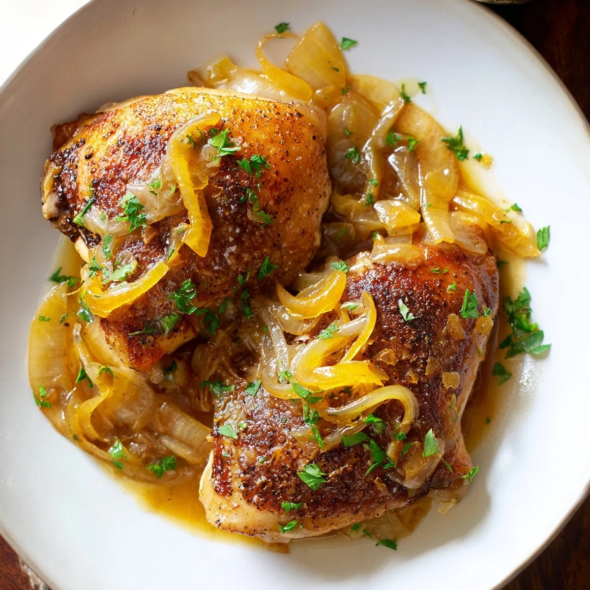 Warm Savory Smothered Chicken Thighs In Rich Gravy Recipe, onions spooned over.