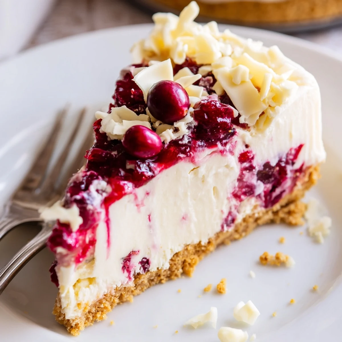 No Bake Cranberry White Chocolate Cheesecake topped with glossy cranberry compote and shavings
