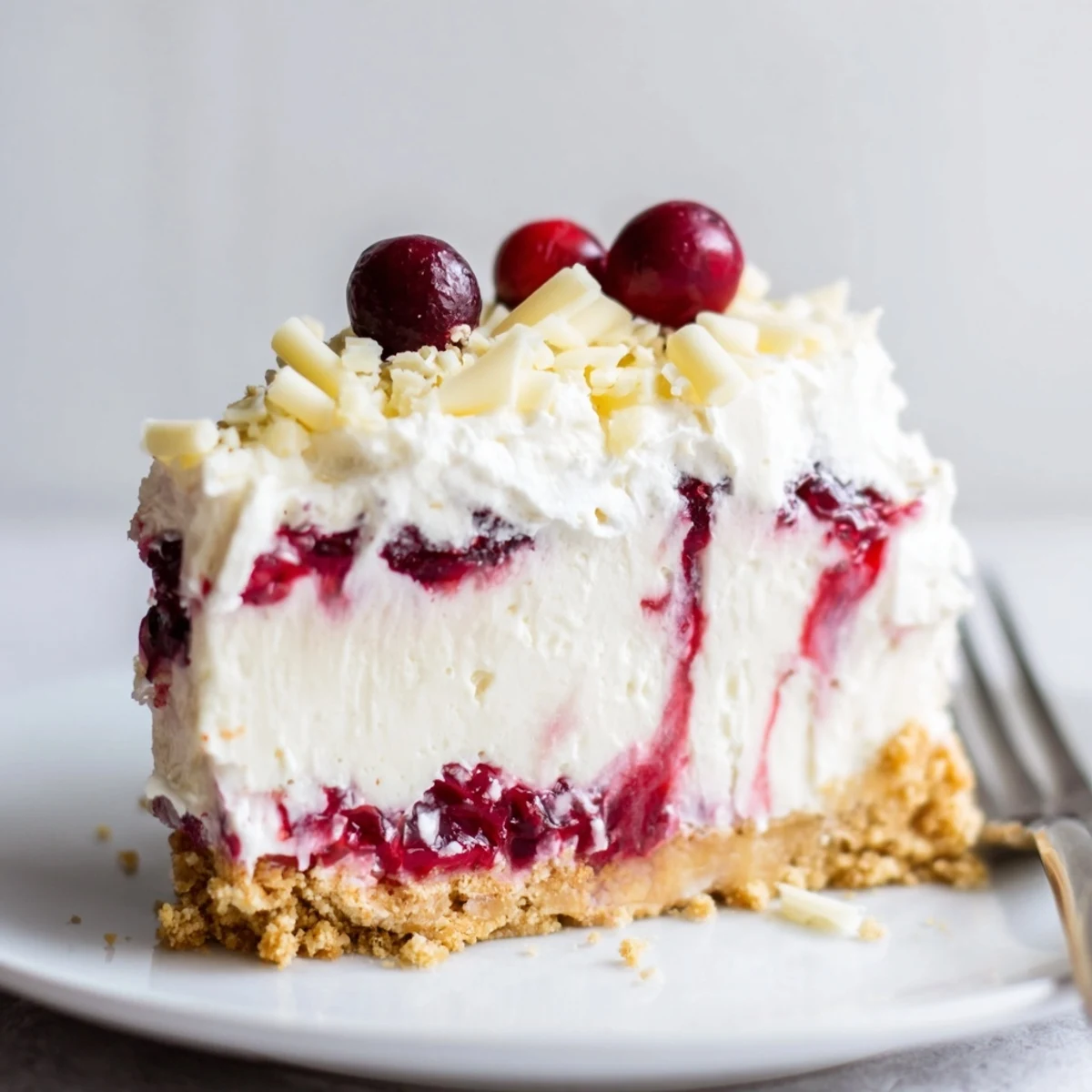 A chilled No Bake Cranberry White Chocolate Cheesecake slice showing creamy filling and crust