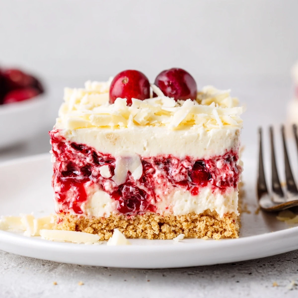 Holiday ready No Bake Cranberry White Chocolate Cheesecake garnished with fresh cranberries and shavings