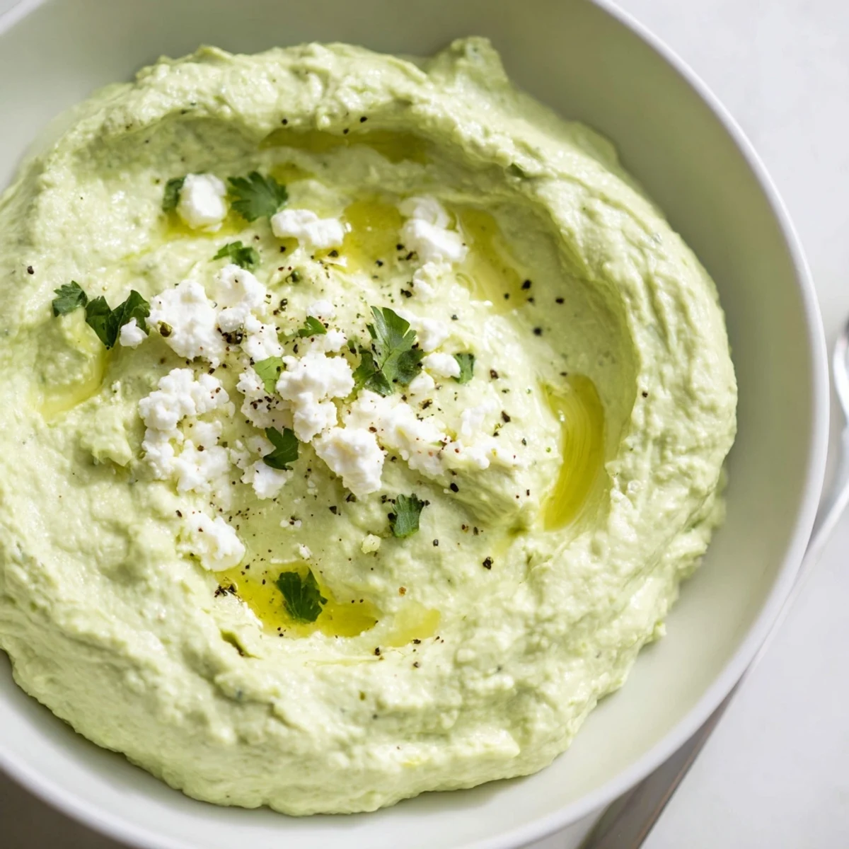 Velvety Creamy Avocado Feta Dip brightened with lime, sprinkled cilantro.