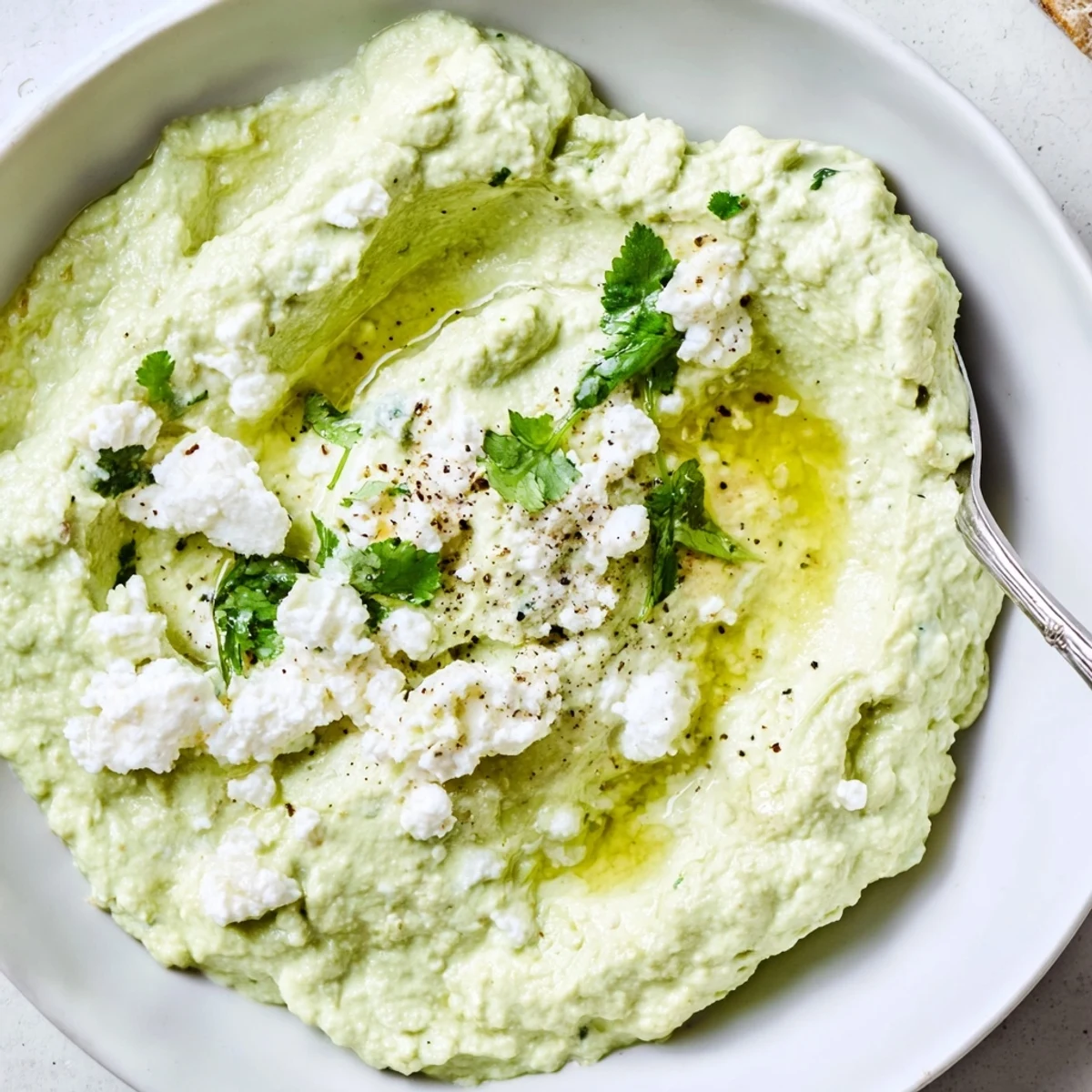 Creamy Avocado Feta Dip in bowl, drizzled olive oil, pita chips.
