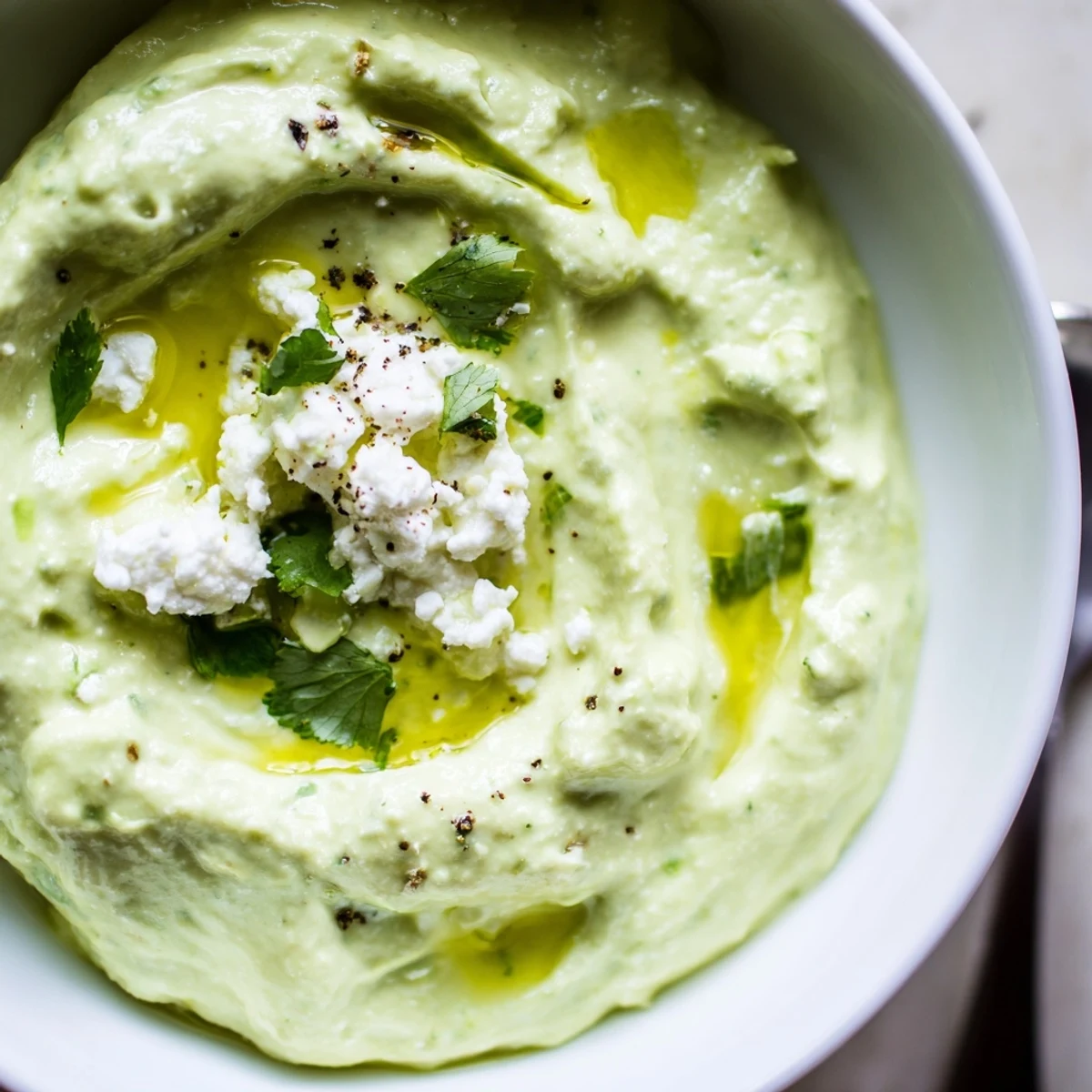 Creamy Avocado Feta Dip served with crisp veggie sticks, hint of garlic.