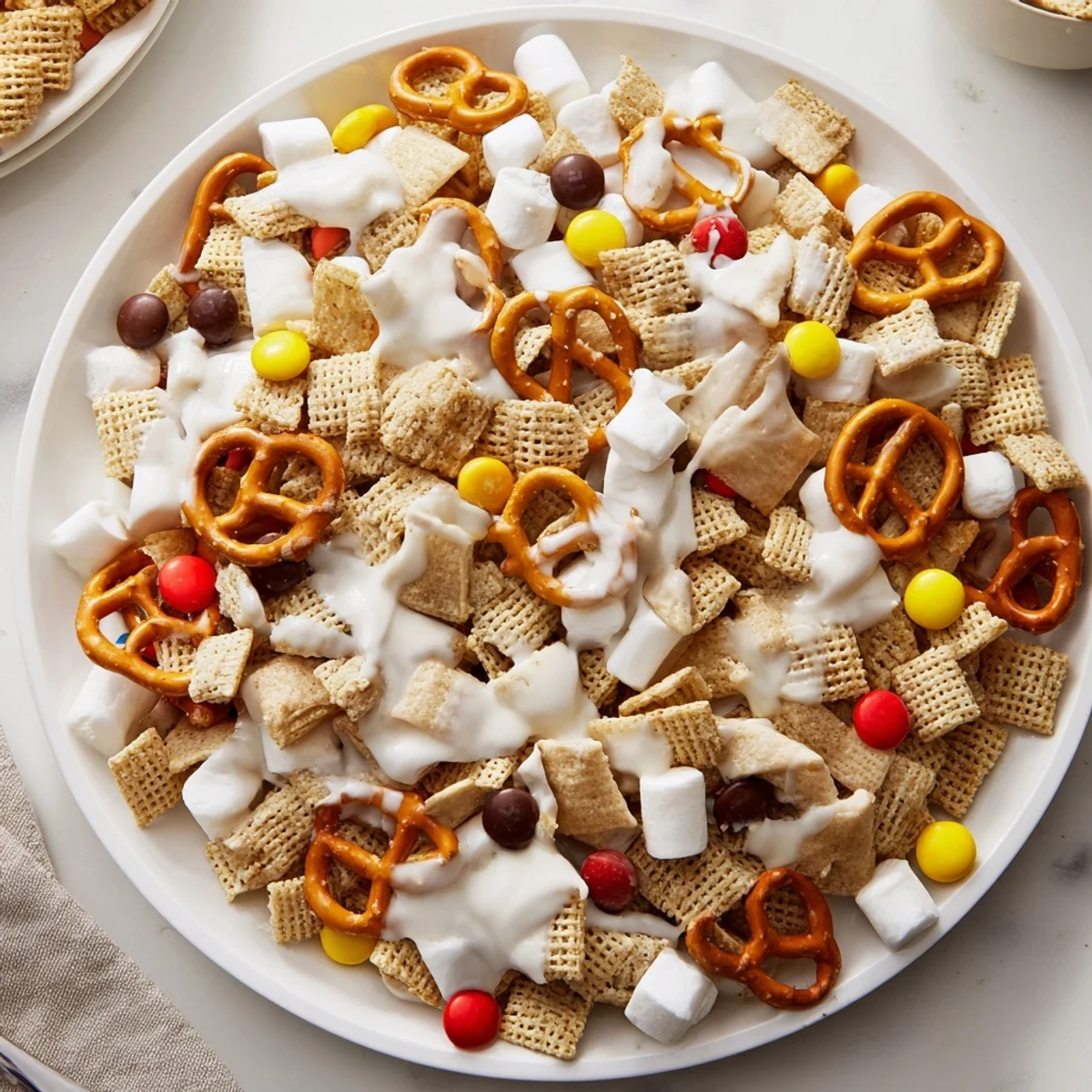 White Trash Snack Mix glistening in white chocolate, crunchy, sweet-and-salty handful.