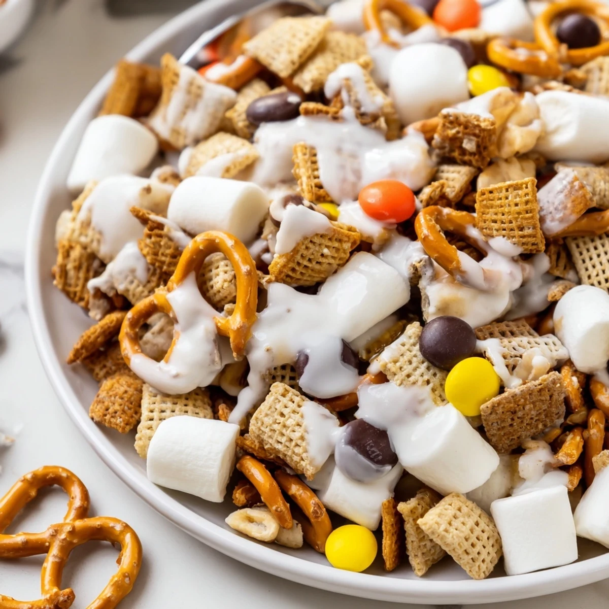 Bowl of White Trash Snack Mix ready for movie night, melty white coating.