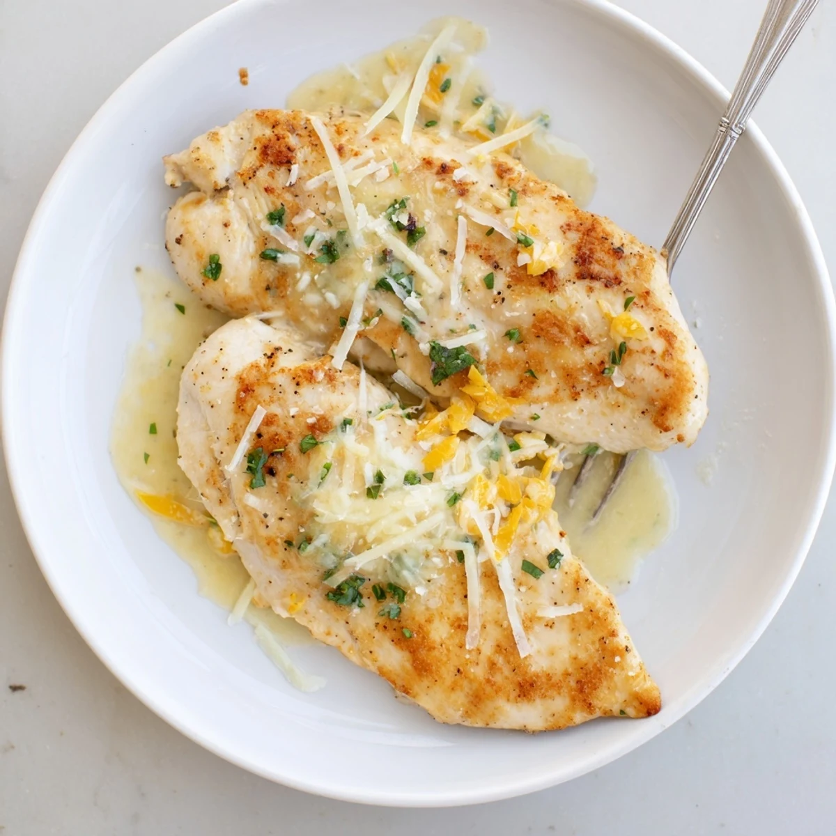 Juicy Chicken With Cheese Sauce drizzled over breasts, silky cheddar aroma  