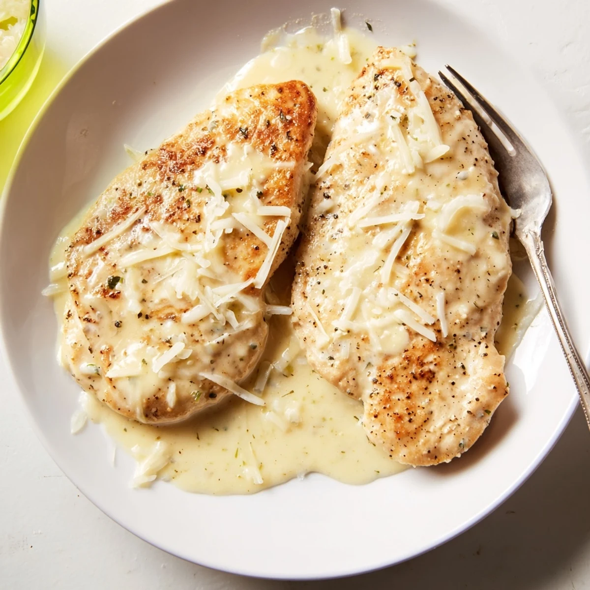 Oven baked Chicken With Cheese Sauce topped with golden melted cheddar  