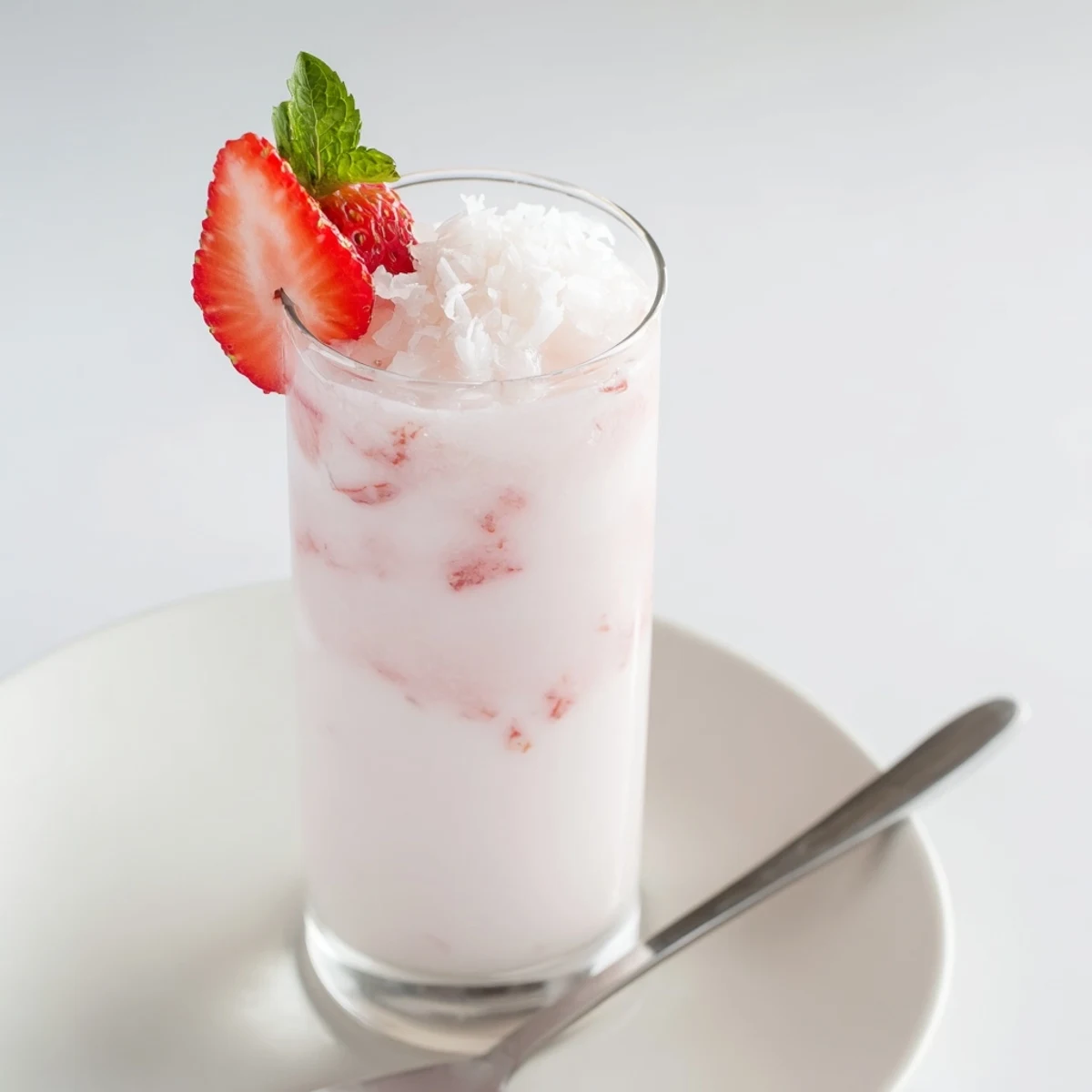 Frothy Strawberry Coconut Cooler Recipe topped with mint and sliced strawberries  