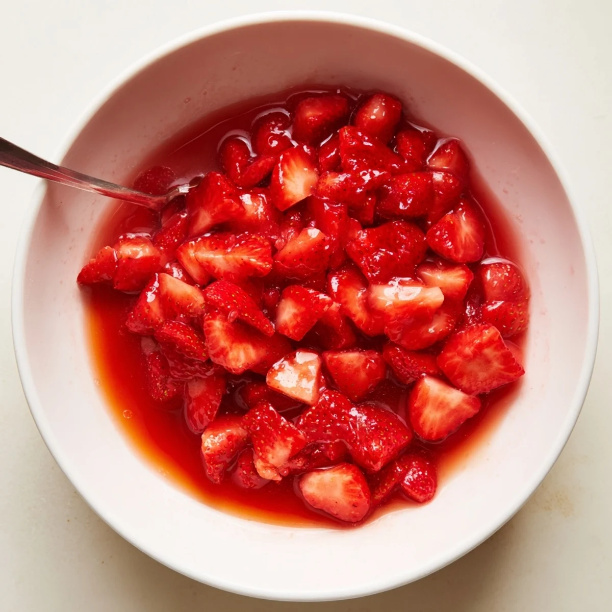 A spoon dips into Strawberry Cake Filling Recipe, glossy and bursting with strawberry flavor
