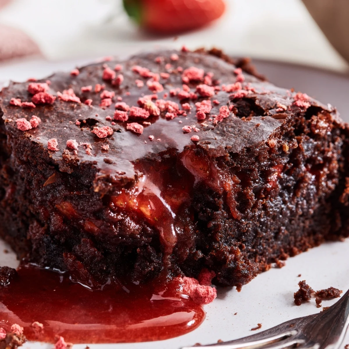 Strawberry Brownies with glossy pink glaze, fudgy squares on parchment paper