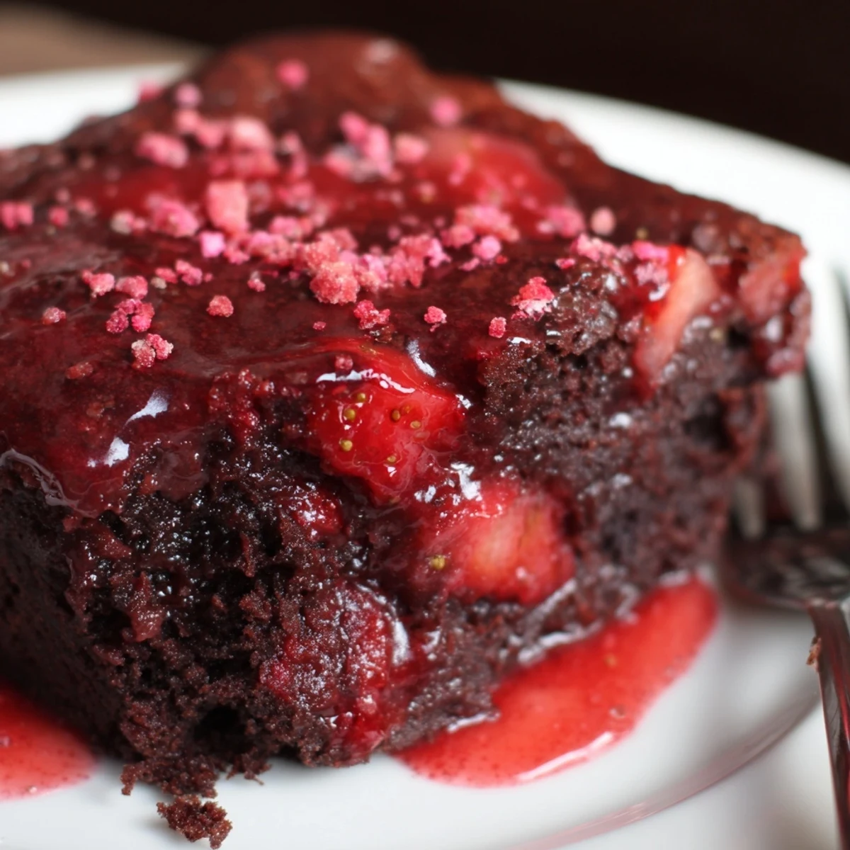 Warm Strawberry Brownies cooling in an 8x8 pan, steam gently rising