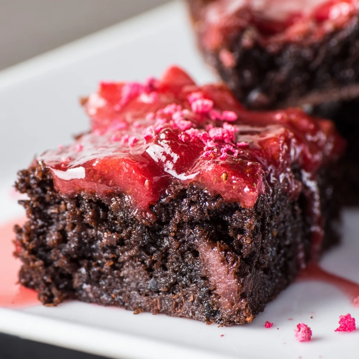 Sliced Strawberry Brownies topped with fresh berries and whipped cream, spring-ready