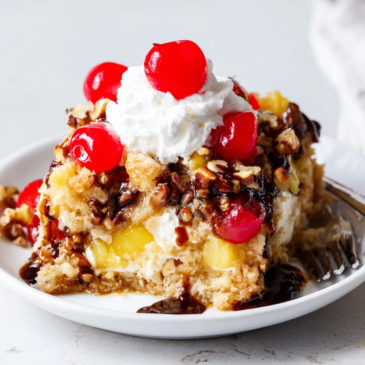 Warm Banana Split Dump Cake bubbling with pineapple, bananas, chocolate chips