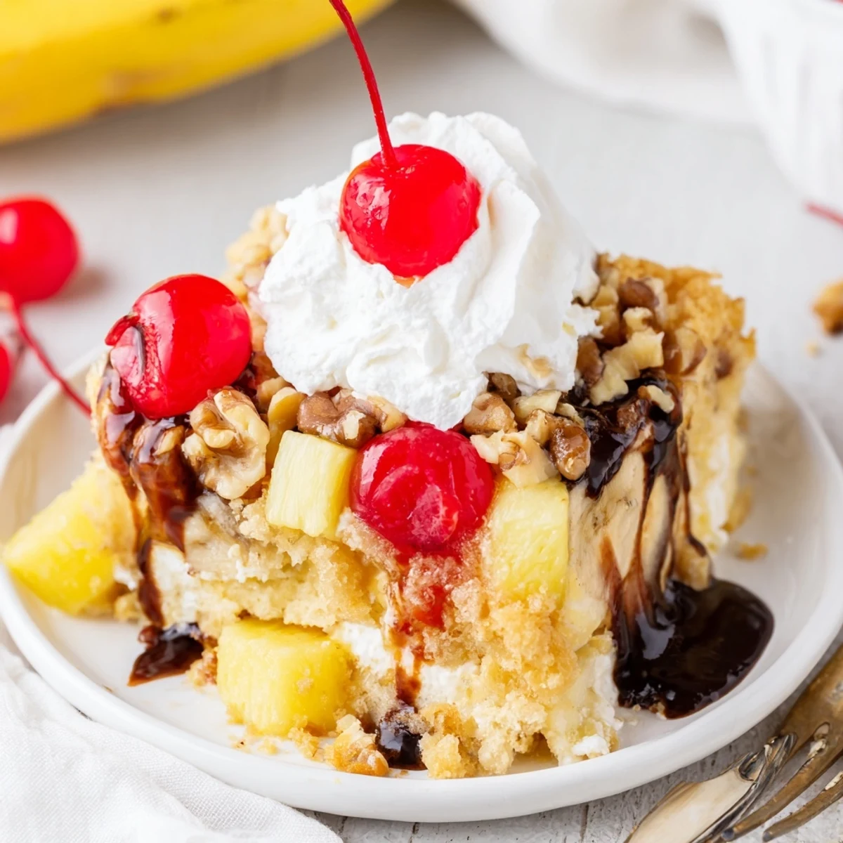 Sliced bananas and cherries atop a golden Banana Split Dump Cake