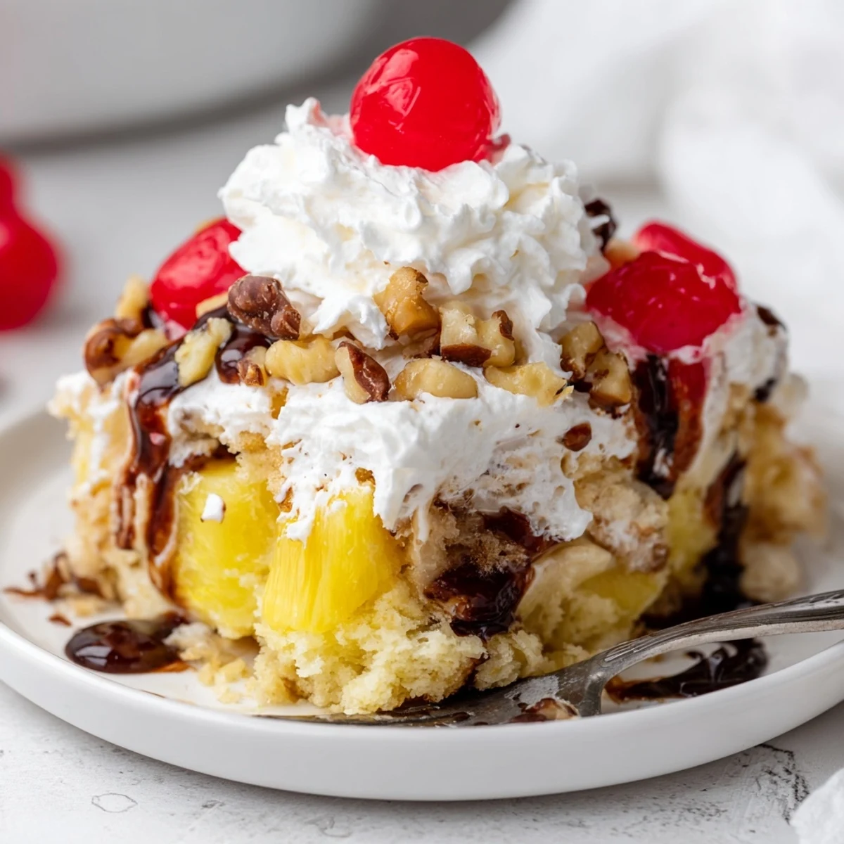 Scooped with vanilla ice cream, Banana Split Dump Cake garnished with cherries
