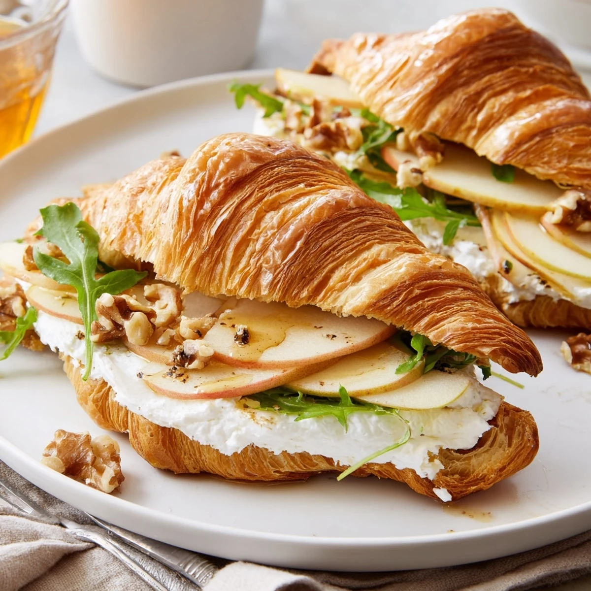 Open-faced Apple Goat Cheese Croissant Sandwich displayed on cutting board for brunch