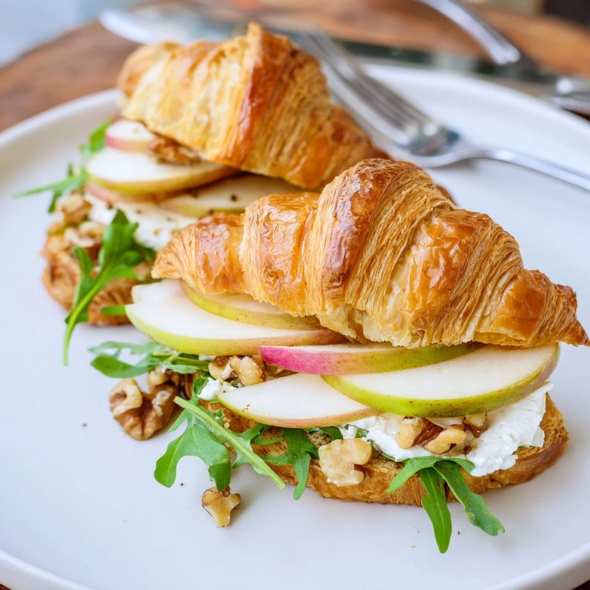 Warm Apple Goat Cheese Croissant Sandwich served with peppery arugula and crunchy walnuts