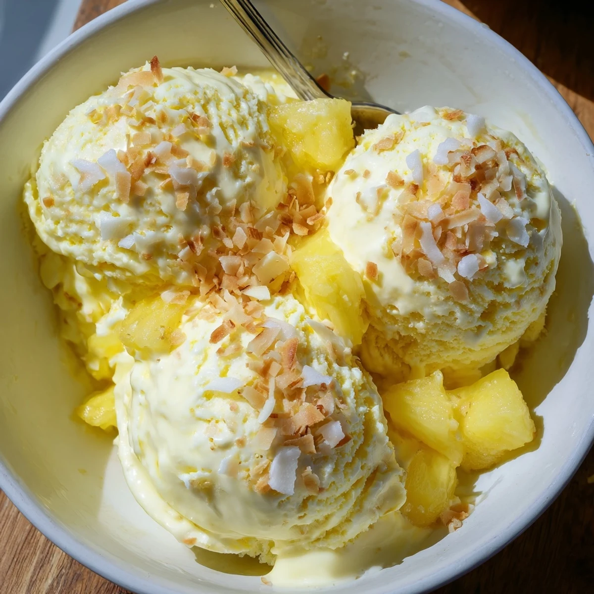 Creamy Pineapple Ice Cream scoops melting slightly, bright tropical aroma, chilled