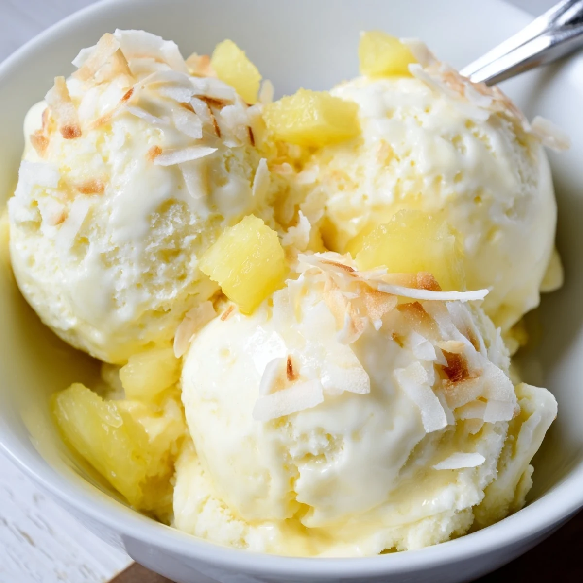 Homemade Creamy Pineapple Ice Cream served in a waffle cone, tangy finish