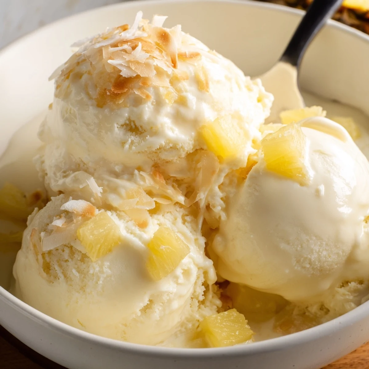 Silky Creamy Pineapple Ice Cream spoonful in bowl, cool tropical sweetness