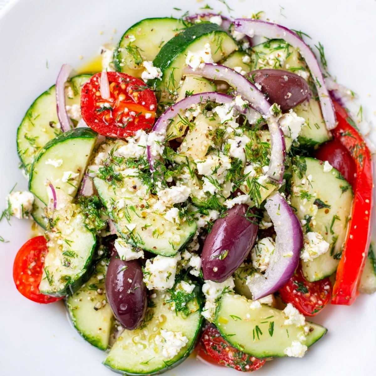 Colorful bowl of Mediterranean cucumber salad recipe with crisp vegetables, feta cheese, and olives