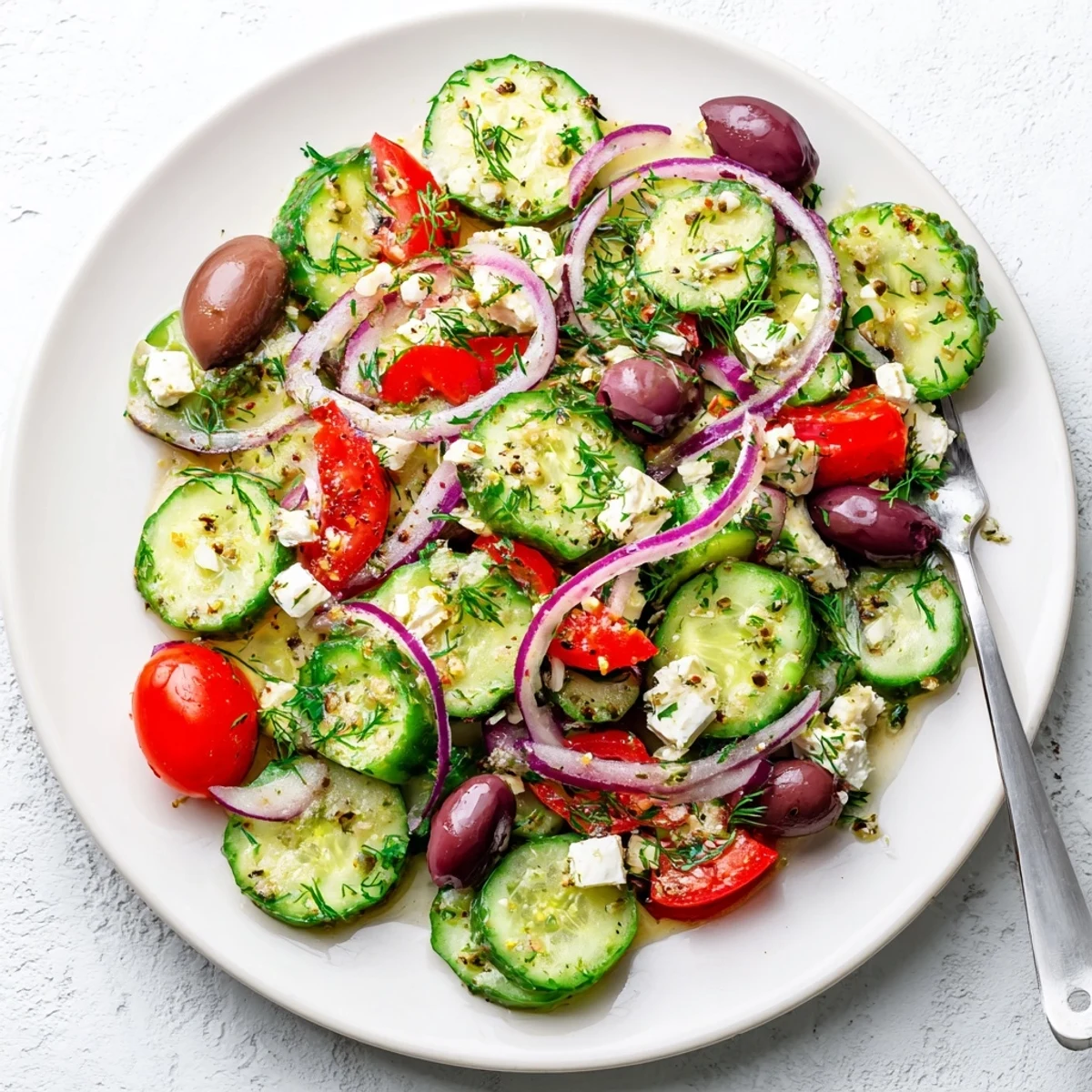 Fresh Mediterranean cucumber salad recipe featuring sliced cucumbers, tomatoes, red onion, and crumbled feta on a white plate