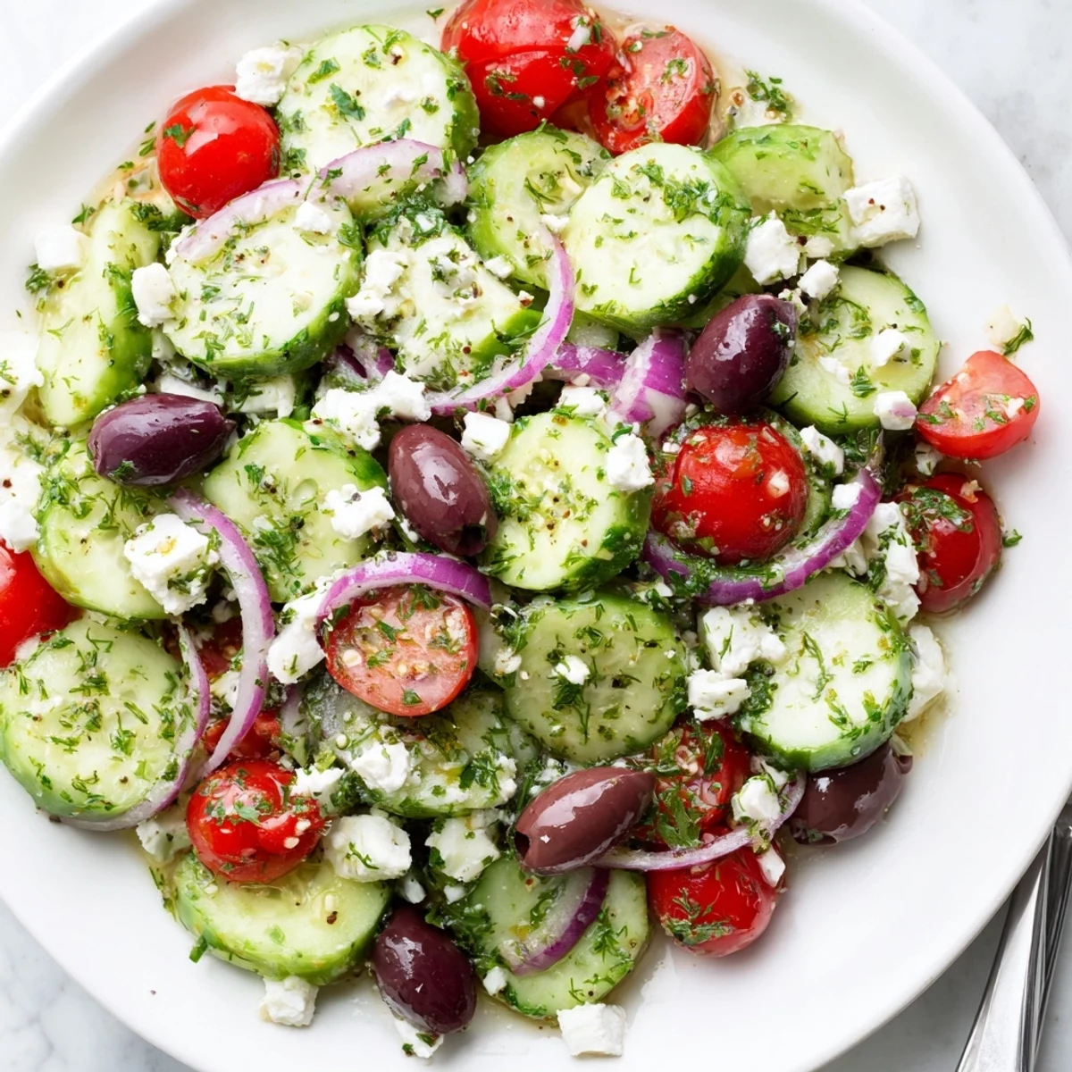 Close-up of Mediterranean cucumber salad recipe drizzled with olive oil dressing and garnished with fresh herbs