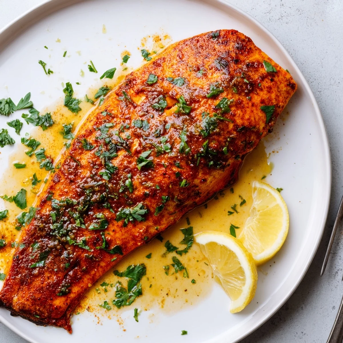 Golden glazed Cajun honey salmon fillets with caramelized edges and fresh parsley garnish