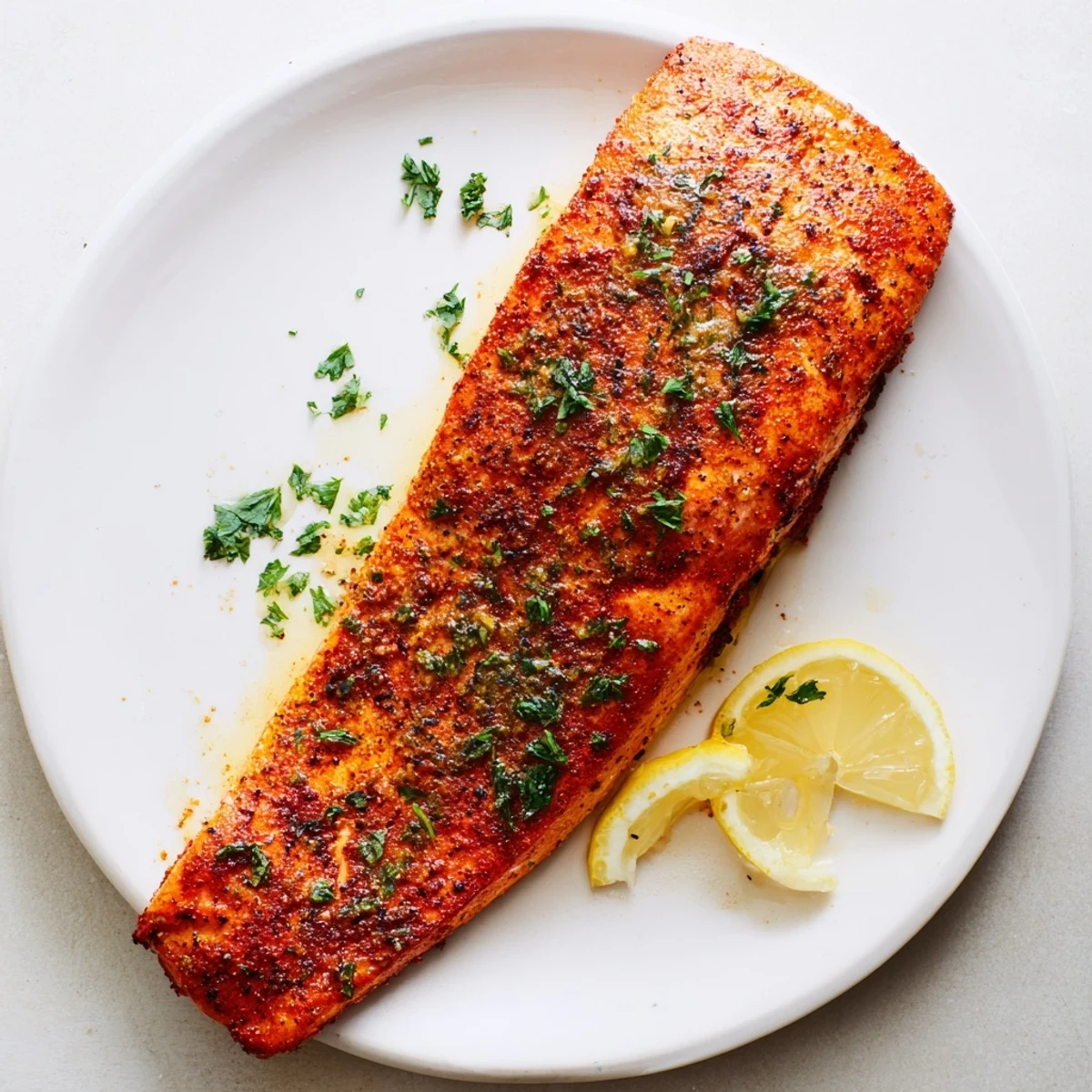 Spice rubbed baked salmon fillets coated in sticky sweet honey lemon glaze on white plate