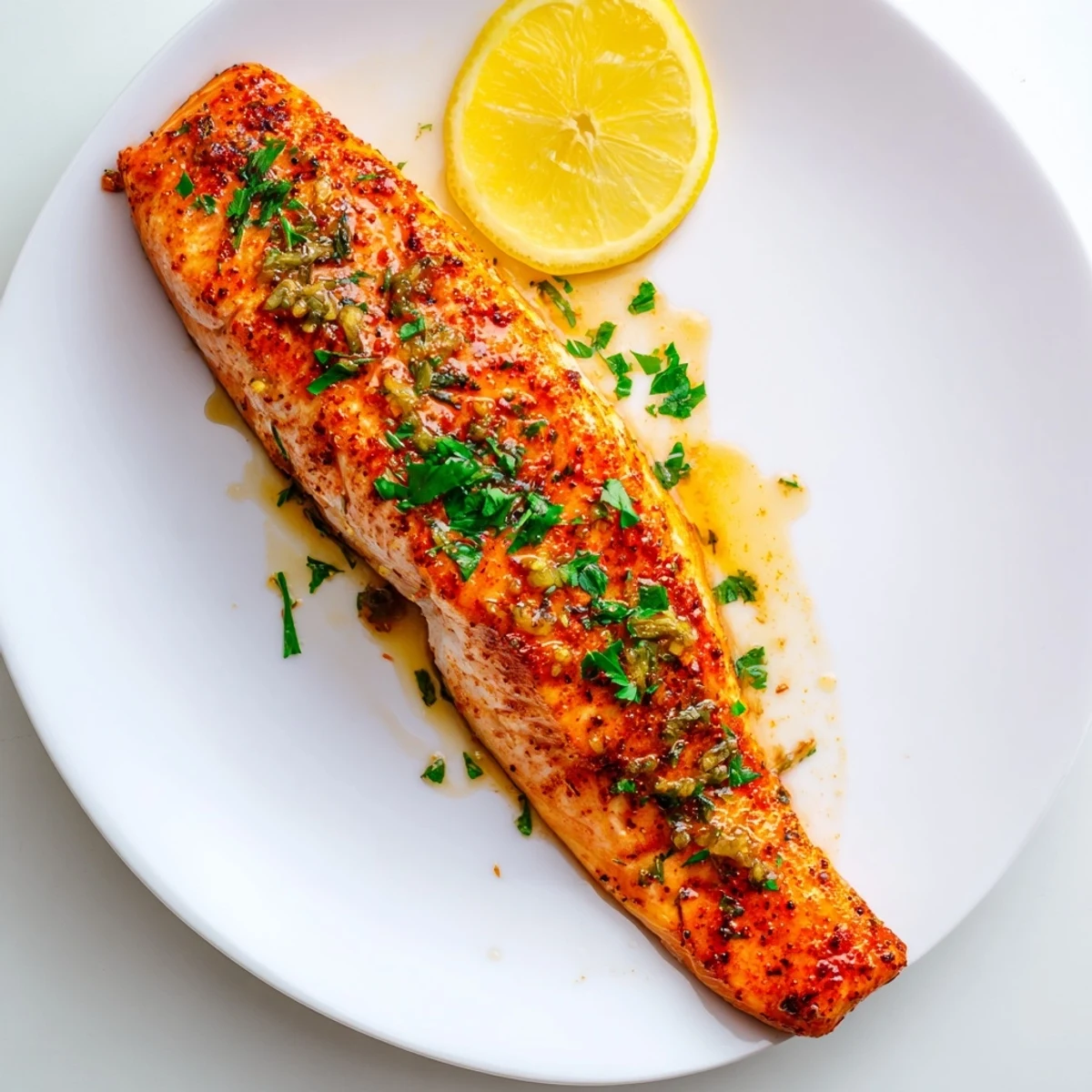 Oven roasted salmon with dark red Cajun seasoning and shiny honey butter drizzle finishing touch