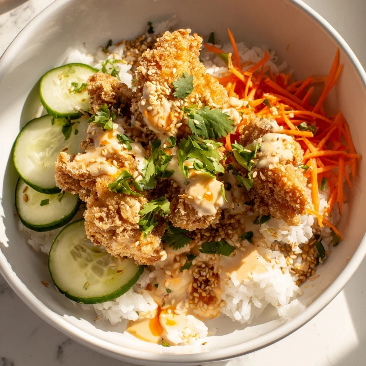 Flavor-packed bang bang chicken bowl with crunchy vegetables, aromatic sesame seeds, fresh cilantro, and zesty lime wedges for a complete satisfying meal