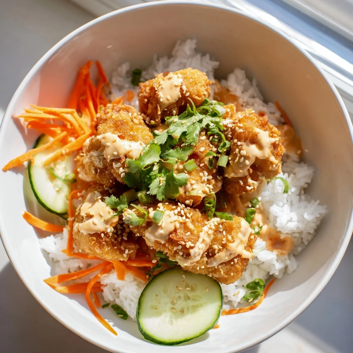 Vibrant Asian-inspired bowl featuring crispy fried chicken drizzled with sweet spicy bang bang sauce atop colorful vegetables and steamed white rice
