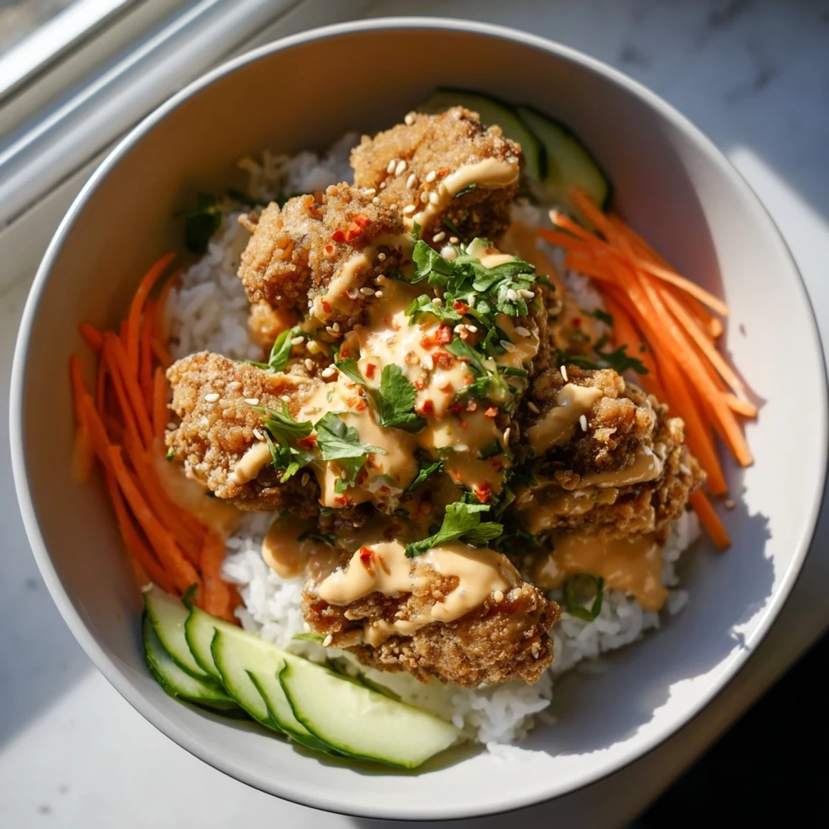 Golden crispy chicken tossed in creamy spicy bang bang sauce over fluffy jasmine rice with fresh cucumber, carrot, and purple cabbage