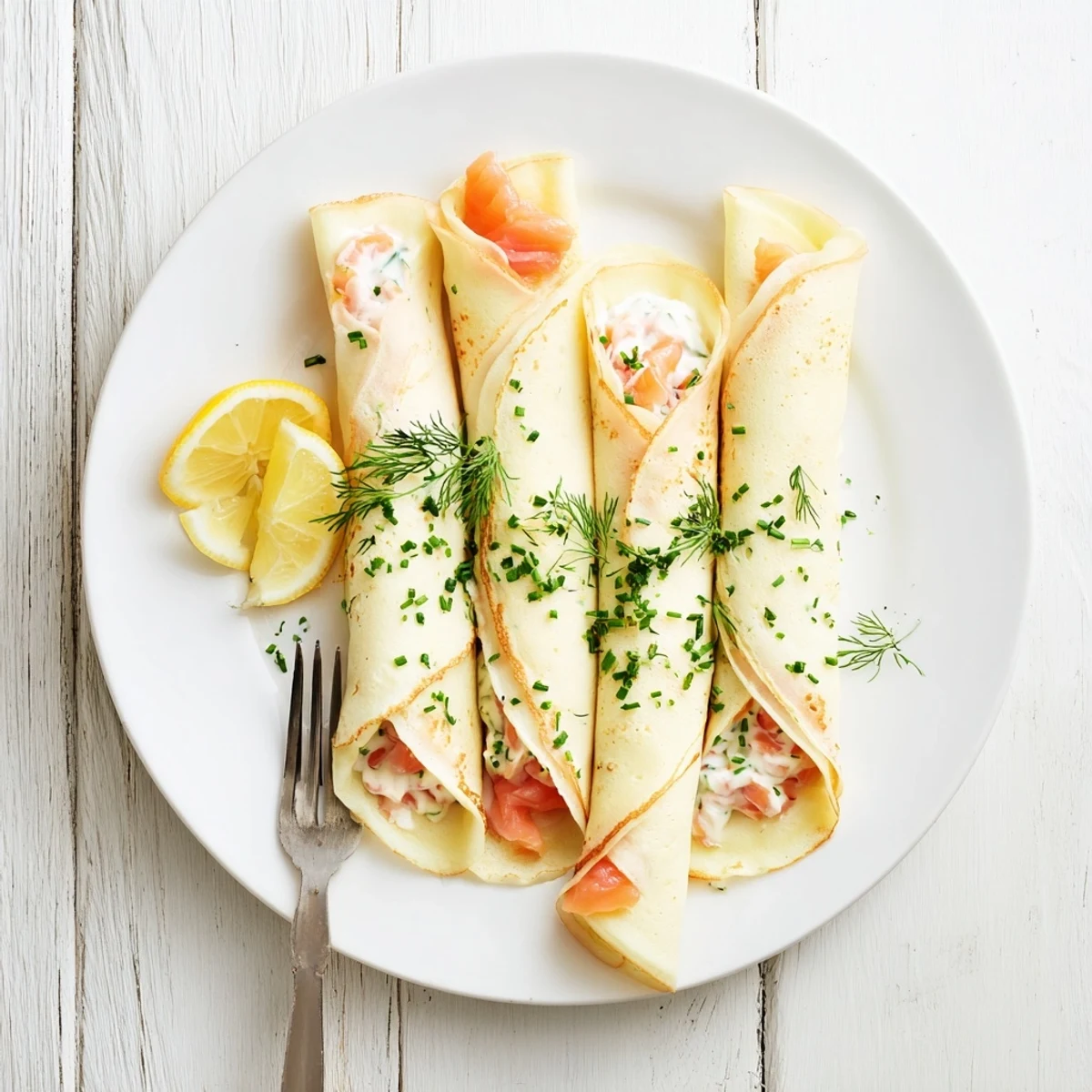 Golden crepes rolled around creamy herbed cheese filling topped with delicate smoked salmon slices