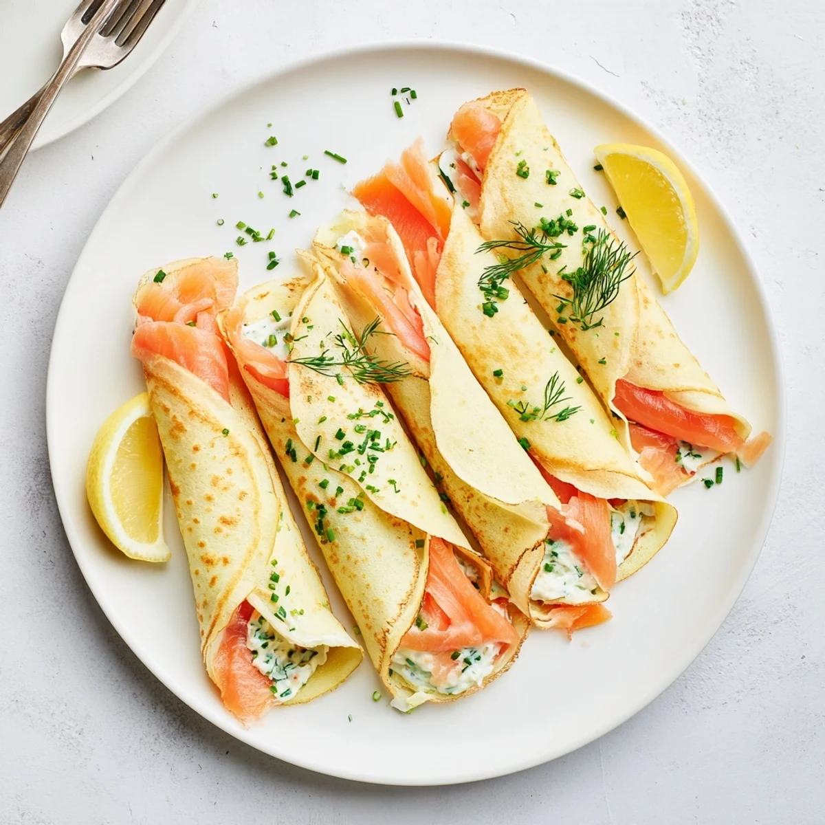 Elegant smoked salmon crepes recipe featuring tender French pancakes wrapped with savory cream cheese and fresh dill