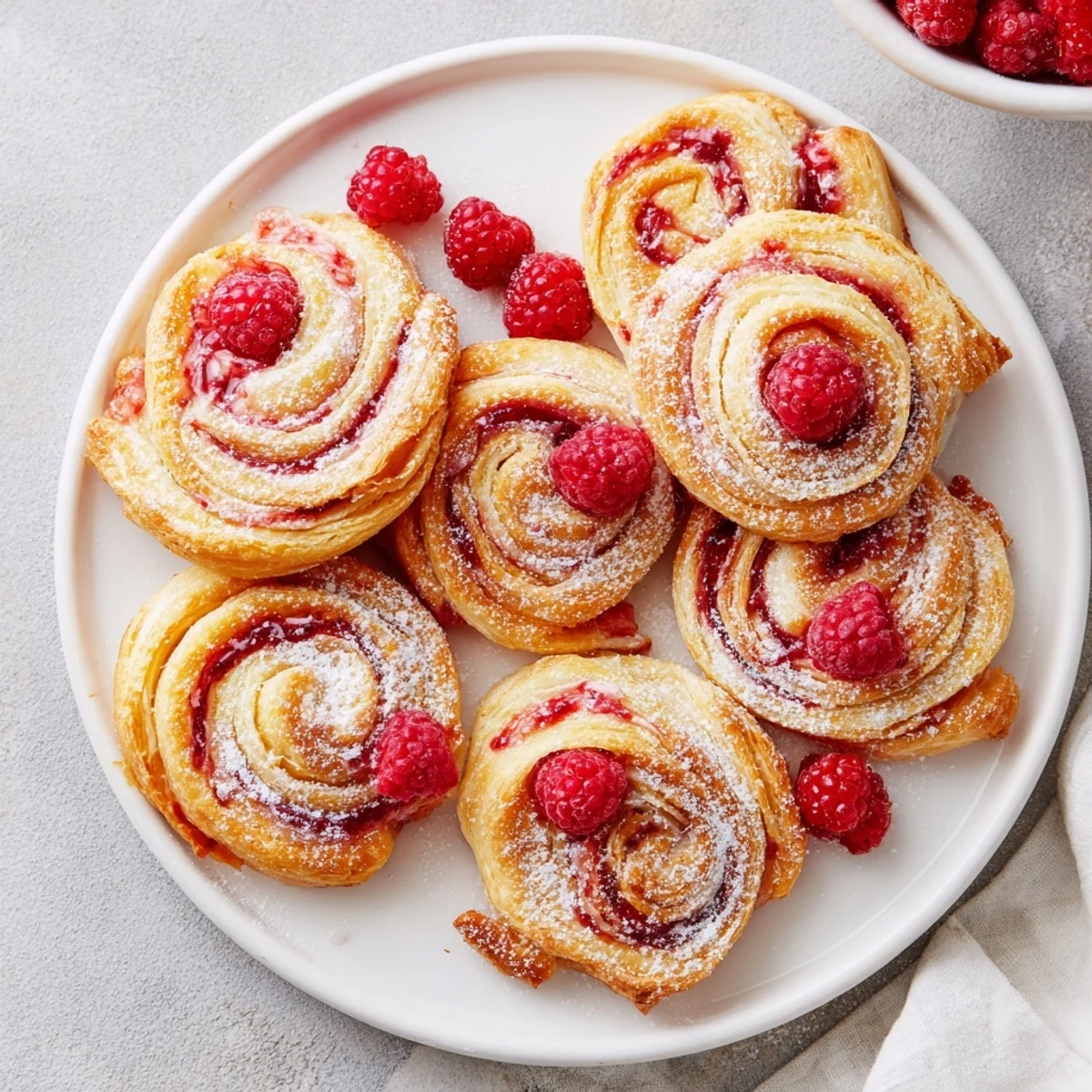 Golden raspberry puff pastry rolls with spiraled jam filling and snowy powdered sugar topping on a white plate